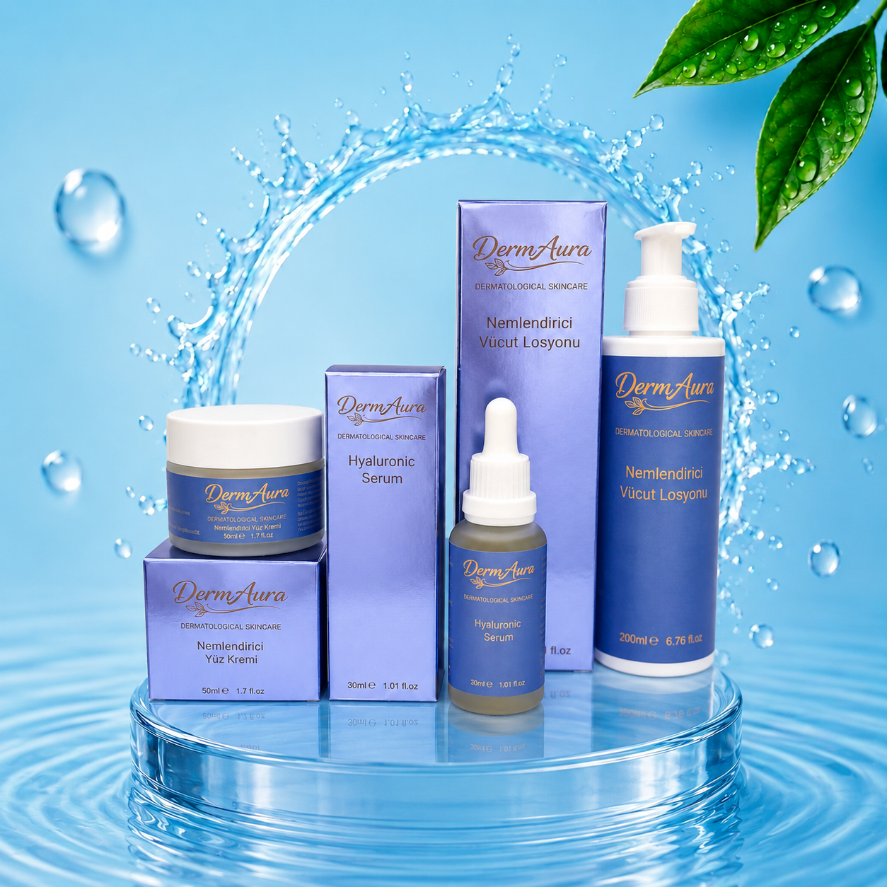 2026/06/1000283778.png DermAura Premium Yoğun Nem Seti | Hyaluronic Acid Serum, Nemlendirici Yüz Kremi ve Nemlendirici Vücut Losyonu ile Tam Nem Bakımı Seti - Image 1